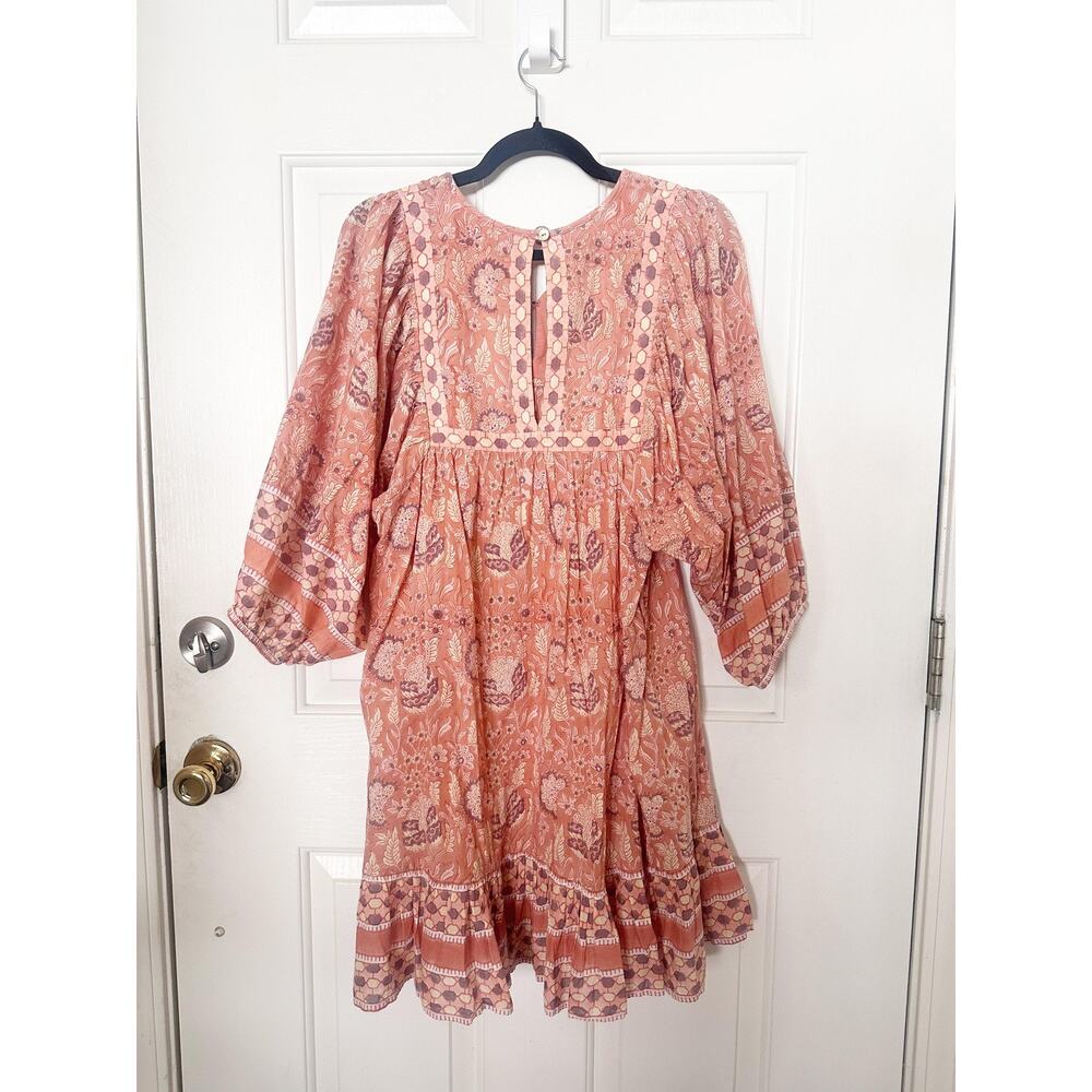 Cleobella Dress Womens L Pink Floral Boho Balloon Sleeve Tassel Mini Swing - Picture 6 of 6
